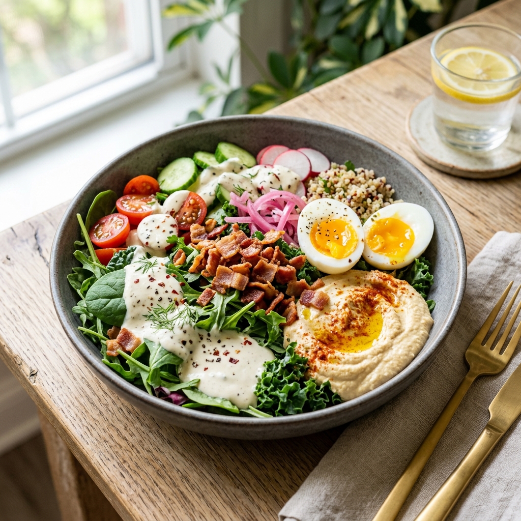 Creamy Garlic Bacon & Hummus Salad