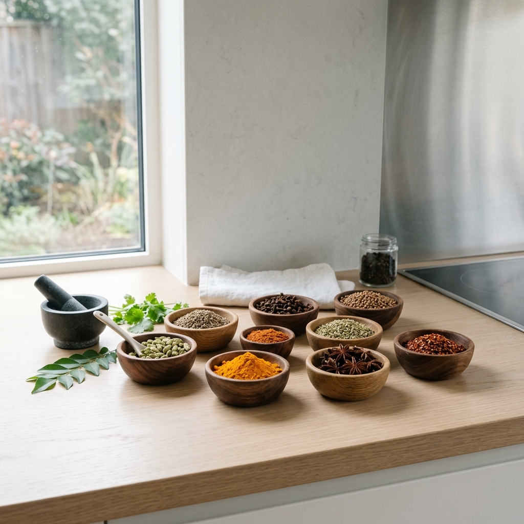 A clean modern kitchen with fresh Indian spices